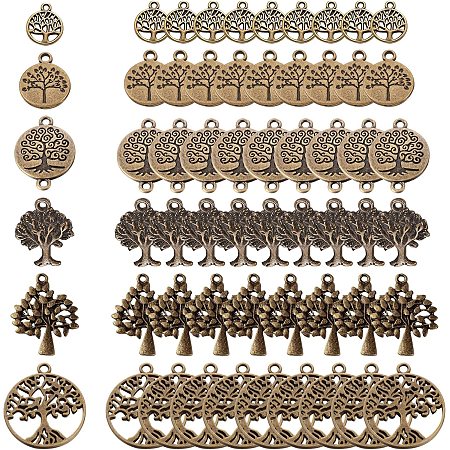 SUNNYCLUE 1 Box 60Pcs 6 Styles Tree of Life Charms Bulk Tibetan Style Flat Round Alloy Hollow Plants Chakra Vintage Lucky Pendants for Jewelry Making Charms DIY Bracelets Supplies, Antique Bronze