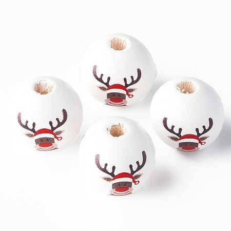 Honeyhandy Painted Natural Wood Beads, Christmas Style, Round with Elk, Red, 16x15mm, Hole: 4mm