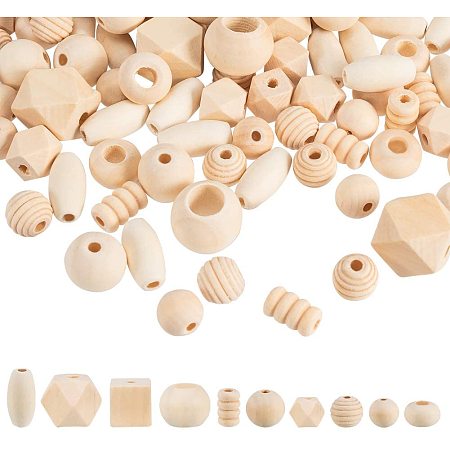 PandaHall 250g Assorted Natural Wooden Bead Round & Cube & Polygon & Rondelle & Oval & Column Spacer Beads Unfinished Wood Loose Beads for Bracelet Necklace Jewelry Making