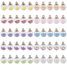 Glass Ball Pendants, with Glitter Sequins & Polymer Clay & Polyfoam & Rhinestone and CCB Plastic Findings, Round with Star, Mixed Color, 21x15.5~16mm, Hole: 2mm; 10colors, 5pcs/color, 50pcs/box