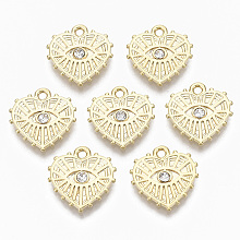 Honeyhandy Alloy Charms, with Crystal Rhinestone, Cadmium Free & Nickel Free & Lead Free, Texured, Heart with Eye, Real 18K Gold Plated, 15x15x2mm, Hole: 1.5mm