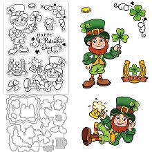 GLOBLELAND Happy St. Patrick Day's Day Theme Clear Stamps and Die Cuts Elf Clover Silicone Stamp Cards and Metal Cutting Die for Card Making and DIY Embossing Scrapbooking