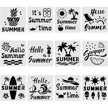 BENECREAT 12PCS Summer Beach & Word Pattern Plastic Painting Templates 30x30cm/12x12 Inches Drawing Template Stencil for Scrabooking Card Making, DIY Wall Floor Decoration