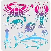 FINGERINSPIRE Sea Animal Stencil 11.8x11.8 inch Fish/Shrimp/Crab/Octopus/Conch/Shells Drawing Stencil Sea Creatures Stencil for Painting on Wood Tile Paper Fabric Floor Wall