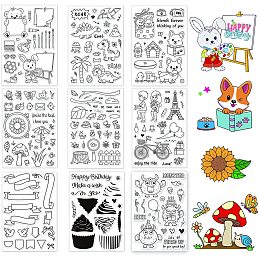 GLOBLELAND 9 Sheets Mixed Clear Stamps Transparent Silicone Stamps Set for Card Making Decor DIY Scrapbooking（Layered Cupcakes Animals Corgi Monsters Label Boxes Garden Insects Dinosaurs Bikes）