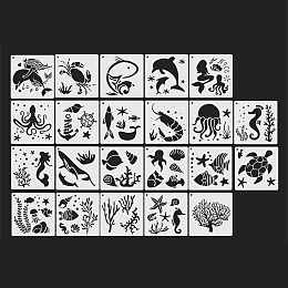 GORGECRAFT Plastic Drawing Stencil, Drawing Scale Templates Set, For DIY Scrapbooking, Marine Organism Pattern, Square, White, 13x13x0.03cm, Hole: 5mm, 22 sheets/set