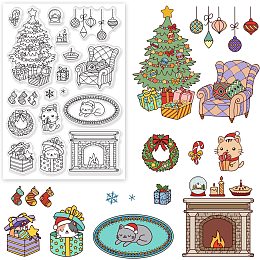 BENECREAT Christmas Themed Pattern Clear Stamps, Christmas Tree/Fireplace/Gift/Christmas Stocking/Cat Pattern Clear Rubber Stamps for Paper Card Photo Album Crafting Supplies