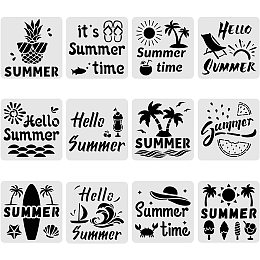 BENECREAT 12PCS Summer Beach & Word Pattern Plastic Painting Templates 30x30cm/12x12 Inches Drawing Template Stencil for Scrabooking Card Making, DIY Wall Floor Decoration