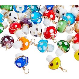 Arricraft 30 Pcs Lampwork Mushroom Pendant Charms, Light Gold Handmade Lamp with Copper Wire Cutes Plant Accessories DIY Applicable Bracelet Necklace Earrings Jewelry Making