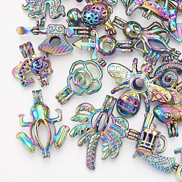 ARRICRAFT Plated Alloy Bead Cage Pendants, Mixe Shape, Colorful, 22~43x11~34x6.5~18mm, Hole: 3~4x3.5~4.5mm, Inner Measure: 8~25x8~21.5mm