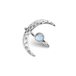 Honeyhandy Natural Moonstone with Crescent Moon Open Cuff Ring, Alloy Jewelry for Women, Silver, Inner Diameter: 20mm