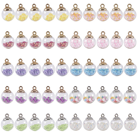 Glass Ball Pendants, with Glitter Sequins & Polymer Clay & Polyfoam & Rhinestone and CCB Plastic Findings, Round with Star, Mixed Color, 21x15.5~16mm, Hole: 2mm; 10colors, 5pcs/color, 50pcs/box