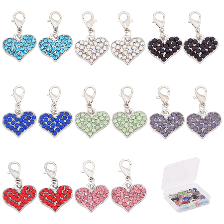 SUNNYCLUE Alloy Rhinestone Pendants, Grade A, with Lobster Claw Clasps, Heart, Platinum Metal Color, Mixed Color, 30x18x4mm, 8 colors, 2pcs/color, 16pc