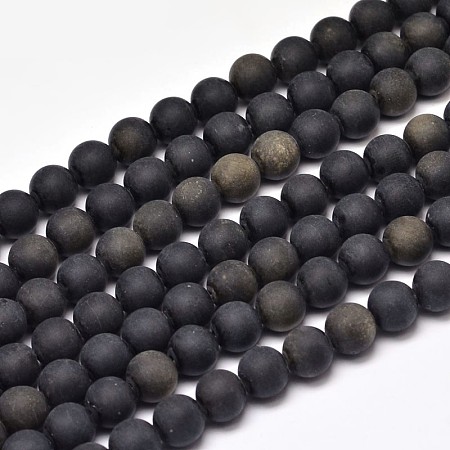 Arricraft Frosted Natural Golden Sheen Obsidian Round Bead Strands, 8mm, Hole: 1mm, about 47pcs/strand, 15 inches
