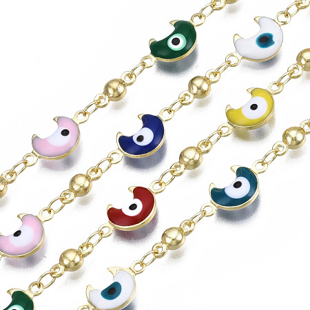 Brass Moon with Evil Eye Link Chains, with Enamel, Unwelded, Real 16K Gold Plated, Colorful, 8x3.5x3.5mm, 3.5x2.5x0.5mm, 13.5x7x3mm