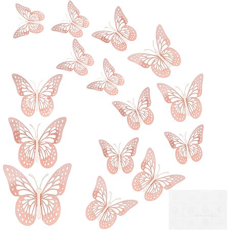 SUPERFINDINGS 12Pcs 3 Sizes 3D Butterfly Paper Mirror Wall Stickers Hollow Butterfly Wall Stickers Pink Butterfly Decorations for Home Bedroom Party Classroom Decors