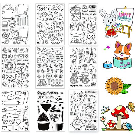 GLOBLELAND 9 Sheets Mixed Clear Stamps Transparent Silicone Stamps Set for Card Making Decor DIY Scrapbooking（Layered Cupcakes Animals Corgi Monsters Label Boxes Garden Insects Dinosaurs Bikes）
