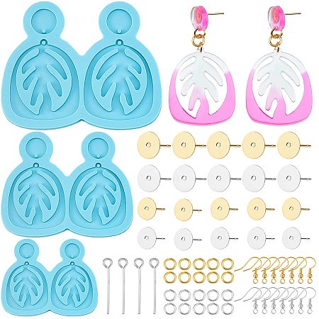 SUPERFINDINGS 6Pcs 3 Sizes DIY Leaf Dangle Stud Earrings Silicone Molds Deep Sky Blue Resin Casting Molds for UV Resin, Epoxy Resin Jewelry Making with Brass Earring Hooks and Jump Rings