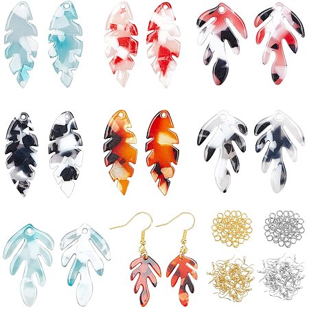OLYCRAFT 32pcs 8 Styles Leaf Shape Resin Wood Earring Pendents Resin Wood Earring Makings Kit Wood Earring Accessories with 1.4mm Hole for Jewelry Making