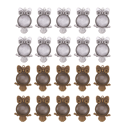 PandaHall Elite 20 Sets Tibetan Styles Alloy Owl Pendant Trays Round Blank Bezel with 25mm Glass Cabochon Round Clear Dome Tiles for Crafting DIY Jewelry Making Antique Silver and Antique Bronze