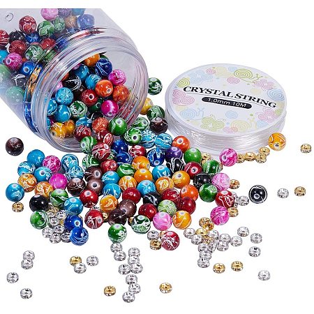 Arricraft 400pcs Beads Jewelry Making Kit, 10mm Spray Painted Drawbench Acrylic Beads, 6mm Rhinestone Beads & Elastic String for Bracelet Necklace DIY Craft