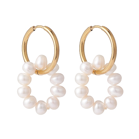 Honeyhandy Natural Pearl Beaded Ring Shape Hoop Earring, Drop Huggie Hoop Earrings for Girl Women, Golden, 33mm, Pin: 1mm