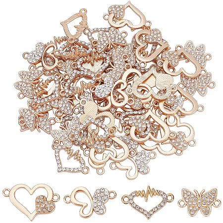 SUPERFINDINGS 64pcs 4 Styles Butterfly Heart Rhinestone Diamond Connectors Alloy Links Connectors Golden Butterfly 2-Holes Charms Links for DIY Crafting Jewelry Making