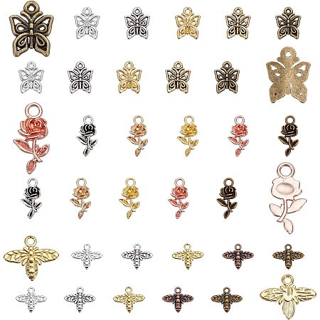 SUNNYCLUE 150Pcs 3 Styles 5 Colors Rose Flower Charms Honey Bee Butterfly Insect Flying Animal Floral Alloy Pendants Tibetan Style for Jewelry Making Charms Bracelets Earrings Crafts Findings