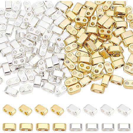 PandaHall Elite 160pcs 2-Hole Seed Beads 24K Gold 925 Sterling Silver Plated Tila Beads Multi-Strand Linking Connectors Synthetic Hematite Beads for Cord Bracelets Necklace Jewelry Making