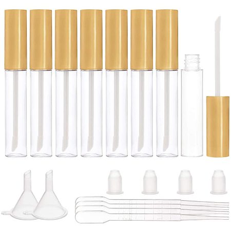 BENECREAT 10ml Mini Empty Lip Gloss Tubes Clear Refillable Lip Balm Tube with Rubber Inserts and Gold Cap Wands, Plastic Funnel Hopper and Droppers for DIY Lip Gloss, 8 Pack