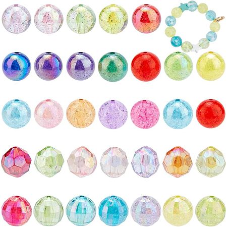 PandaHall Elite 50pcs 20mm Acrylic Beads, 5 Style AB Color Loose Beads Lampwork Round Beads Frosted Crackle Beads Bubblegum Beads Faceted Beads for Necklace Earring Bracelet Jewelry Making