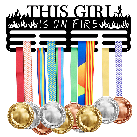 SUPERDANT Medal Holder Running Medals Display Motivating Word THIS GIRL IS ON FIRE Black Iron Wall Mounted Hooks for Competition Medal Holder Display Wall Hanging 40x15cm