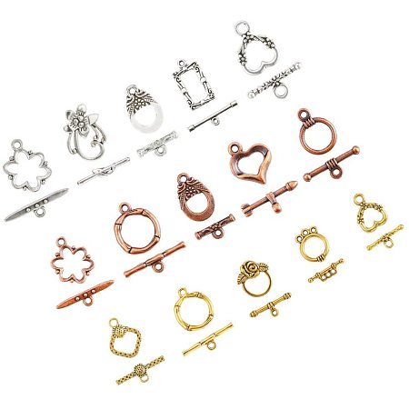 PandaHall Elite 120 Sets 15 Styles Toggle Clasps Tibetan Alloy Ring Bracelet Toggle Clasp Sets T-bar Closure Clasps IQ TBar Clasps Findings Jewelry Making for Necklace Bracelet Jewelry Making