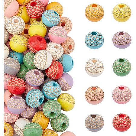 PandaHall Elite 10 Color Scale Pattern Wood Beads, 80pcs Carved Round Beads 10mm Round Wooden Beads Colorful Loose Beads for Jewelry Making Art Project Home Décor Farmhouse Garland Making