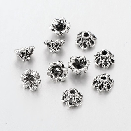 ARRICRAFT Antique Silver Flower Bead Caps, Tibetan Silver, Cadmium Free & Lead Free, about 6.5mm in diameter, Hole: 1mm