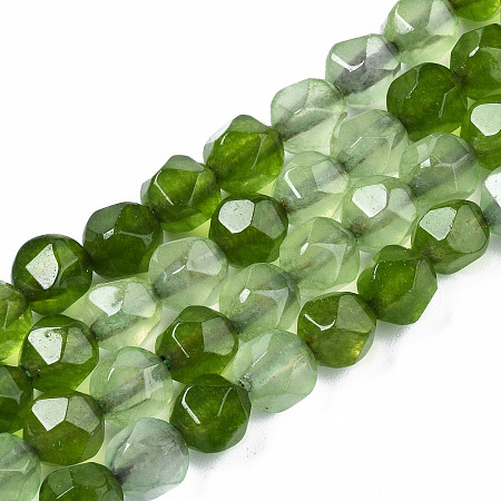 ARRICRAFT Natural White Jade Beads Strands, Dyed, Faceted, Star Cut Round Beads, Olive Drab, 8x7~7.5mm, Hole: 1mm, about 47pcs/strand, 14.17 inch(36cm)
