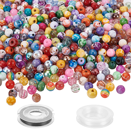 DIY Jewelry Making, Include Acrylic Imitation Jade Beads, Wood Beads and Transparent Stripe Resin Beads, Brass Rhinestone Spacer Beads and Flat Elastic Crystal Thread, Mixed Color
