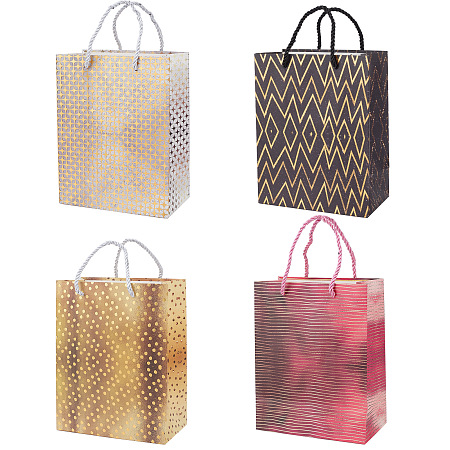 Gorgecraft Single Side Hot Stamping Paper Bags, with Handles, for Party, Birthday, Wedding and Party Celebrations, Rectangle, Mixed Patterns, Unfold: 23x18x10cm; 4pcs/set