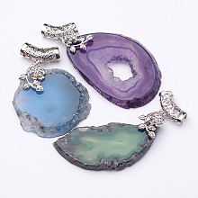 Honeyhandy Natural Agate Slices Pendants, Mixed Agate Slabs Charms, with Brass Findings, Dyed, Platinum, Mixed Color, 50~70x30~56x5mm, Hole: 6x5mm