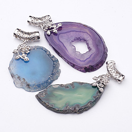 Honeyhandy Natural Agate Slices Pendants, Mixed Agate Slabs Charms, with Brass Findings, Dyed, Platinum, Mixed Color, 50~70x30~56x5mm, Hole: 6x5mm