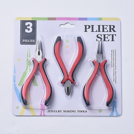 Carbon Steel Jewelry Plier Sets, Ferronickel, Round Nose, Side Cutting Pliers and Wire Cutters, Red, 110~130x45~80mm