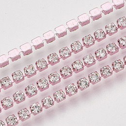 NBEADS Electrophoresis Brass Rhinestone Strass Chains, Crystal Rhinestone Cup Chains, with Spool, Pink, 2mm; about 10yards/roll