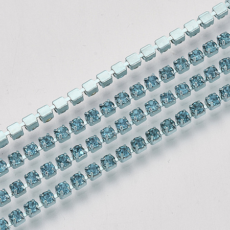 ARRICRAFT Electrophoresis Brass Rhinestone Strass Chains, Rhinestone Cup Chains, with Spool, Aquamarine, SS6.5, 2~2.1mm, about 10yards/roll