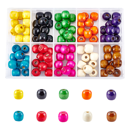 Natural Wood Beads, Dyed, Barrel, Lead Free, Mixed Color, 11x12mm, Hole: 3~5mm; 10 colors, about 10pcs/color, about 100pcs/box