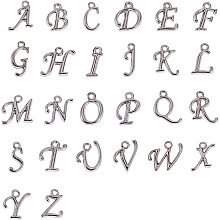 NBEADS Alloy Letter Pendants, Rack Plating, Including Letter A~Z, Platinum, 12~17x4~15x2mm, Hole: 1.5mm, 8pcs/letter, 208pcs/set