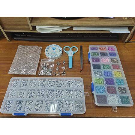 PANDAHALL ELITE DIY Stretch Jewelry Set Makings, with Acrylic Beads, Alloy Pendants, Glass Seed Beads, Elastic Crystal Thread, Iron Jump Rings and Stainless Steel Scissors, Mixed Color, 218x110x30mm