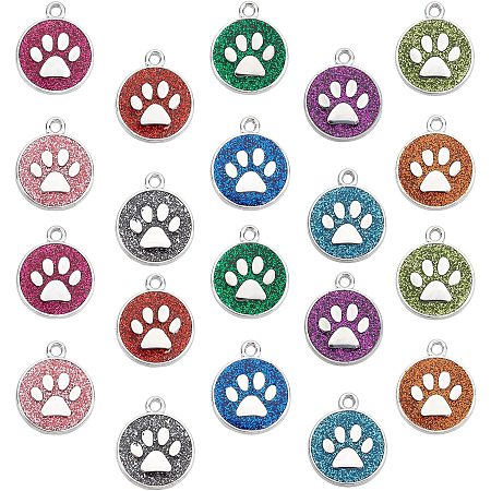 SUNNYCLUE Enamel Charms, with Platinum Plated Alloy Findings and Glitter Powder, Flat Round with Dog Paw Prints, Mixed Color, 23x19x2.1mm, Hole: 2.1mm, 10 colors, 2pcs/color, 20pcs/box