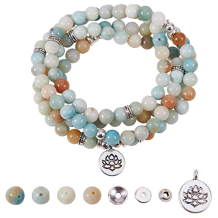 SUNNYCLUE DIY Bracelets Making, with Natural Amazonite Beads, Tibetan Style Alloy Pendants, Tibetan Style Bead Spacers and Brass Bead Spacers, Elastic Cords, Antique Silver & Silver