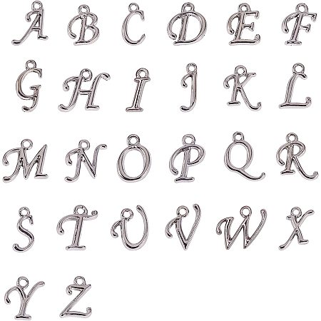 NBEADS Alloy Letter Pendants, Rack Plating, Including Letter A~Z, Platinum, 12~17x4~15x2mm, Hole: 1.5mm, 8pcs/letter, 208pcs/set