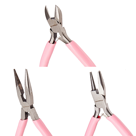 SUNNYCLUE 45# Carbon Steel Jewelry Plier Sets, Polishing, Pink, 10.25~12.6x6.8~8.35x0.8~0.9cm; 3pcs/set